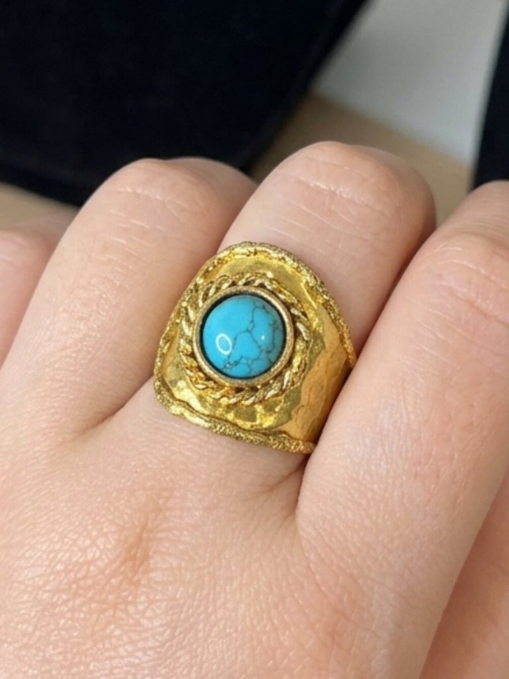 Boho Gold Turquoise Statement Ring Hammered Brass Textured Wide Band